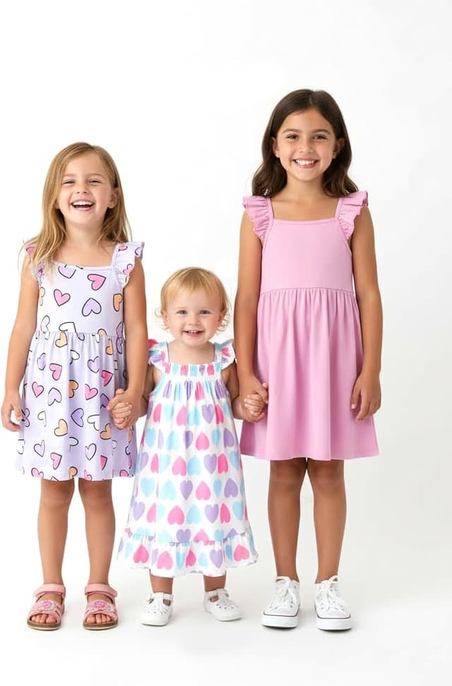 Detalle de PATPAT Multipack Girl Toddler Dresses (Heart Prints, Flamingo Stripes, Sleeveless)