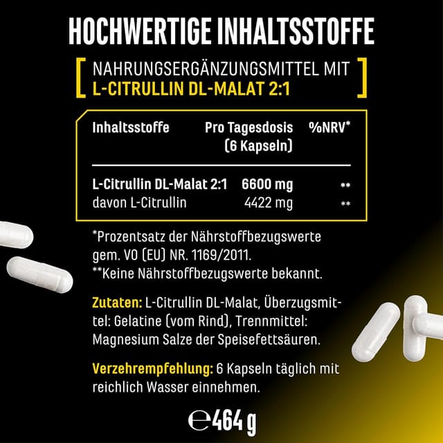 Detalle de L-Citrullin Ultra Caps von German Elite Nutrition – 365 Kapseln mit 1.100 mg L-Citrullin DL-Malat (2:1)