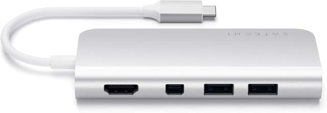 Detalle 2 de SATECHI USB-C Multimedia Adapter Hub mit 4K HDMI, Mini DisplayPort und 60W PD-Ladefunktion (Ethernet, USB 3.0, Micro/SD) – Silber
