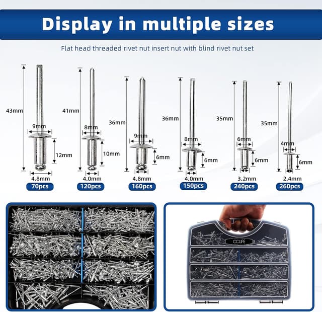 Detalle de CCLIFE 1000 rivetti ciechi in alluminio assortiti (2,4 / 3,2 / 4 / 4,8) per giunzioni rapide