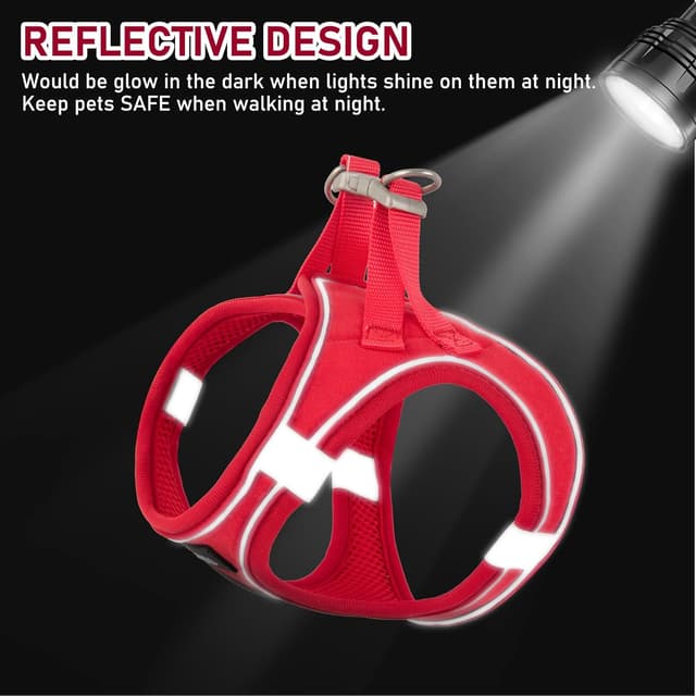 Detalle de GAMUDA Small Dog Harness Collar and Leash Set (Red, S) – step-in no-choke mesh vest with reflective trim