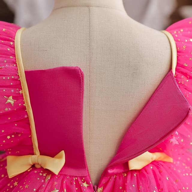 Detalle de NNJXD hot pink princess tutu dress with gold star sequins and satin bodice
