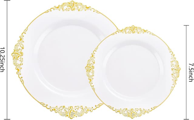 Detalle de Joyido 102PCS White and Gold Heavy-Duty Plastic Plates (51 7.5" Dessert + 51 10.25" Dinner)