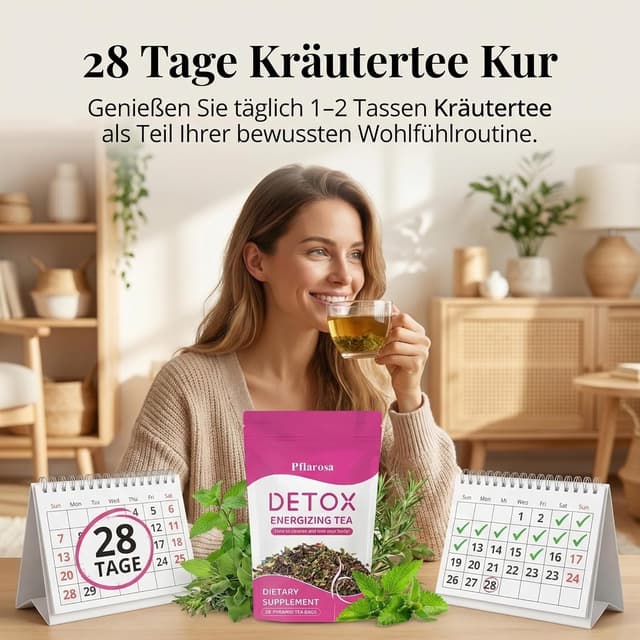 Detalle 2 de Detox Tee zum Abnehmen – 28 Tage Kräutertee Kur mit Grüntee & Löwenzahn (vegan, ohne Zuckerzusatz)