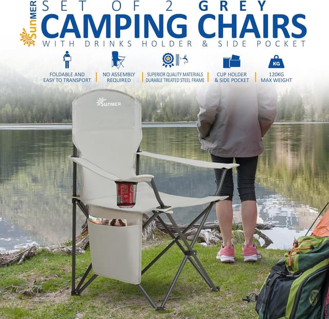 Detalle 2 de SUNMER Folding Camping Chairs (Set of 2) – Extra-Wide Lightweight Outdoor Chairs with Armrests, Cup Holder & Pocket – Grey