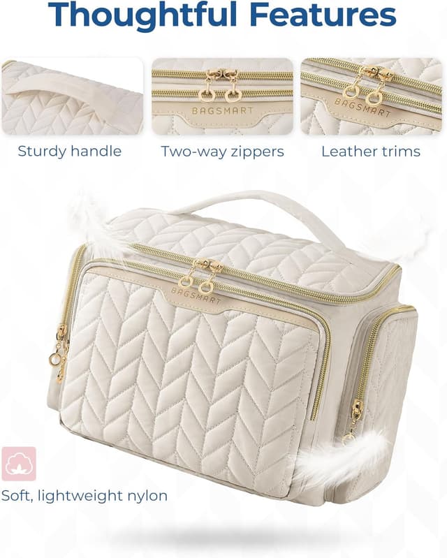Detalle de Bagsmart Large Travel Toiletry Bag with Wet Pocket (Beige) – wide-open puffy vanity case for toiletries