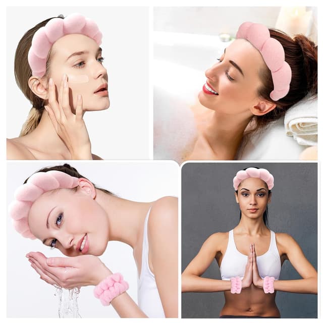 Detalle de Zkptops Spa Headband & Wristband Set (Pink) for Face Washing, Skincare & Makeup
