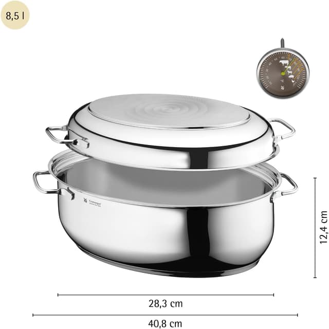 Detalle de WMF Bräter mit Deckel (Cromargan Edelstahl, 8,5 l) backofengeeignet & induktionsgeeignet, ovaler Schmortopf 41 x 28,5 x 18 cm