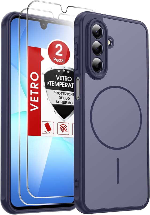 Detalle de LeYi Cover magnetica con custodia TPU/PC per Samsung Galaxy A17 5G con 2 vetri temperati, anti-impronte e antiurto, blu