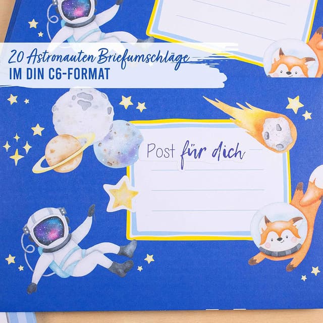 Detalle 2 de Papierdrachen Briefblock Set mit Astronauten-Motiven: 50 Briefbögen, 20 Umschläge & Stickerbogen