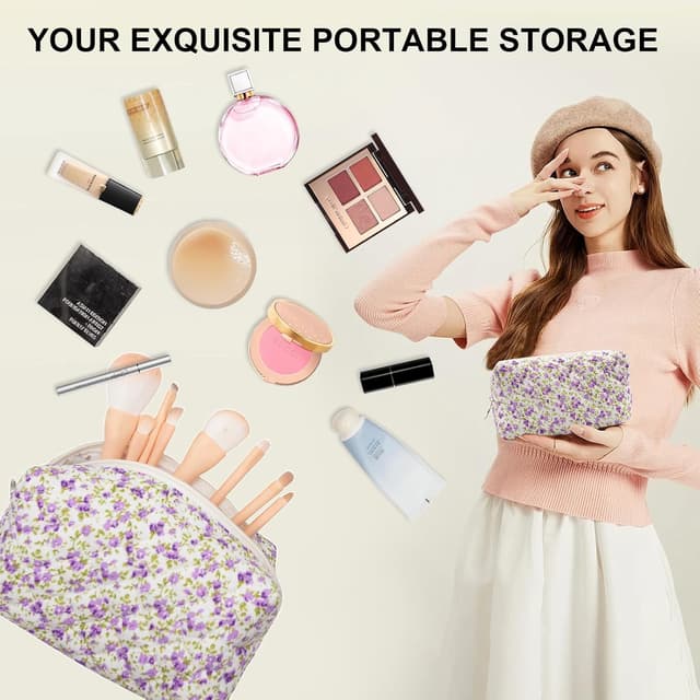 Detalle de Long Keeper Floral Small Makeup Bag (Purple) – 18 x 18 x 10 cm Cotton Cosmetic & Travel Toiletry Pouch