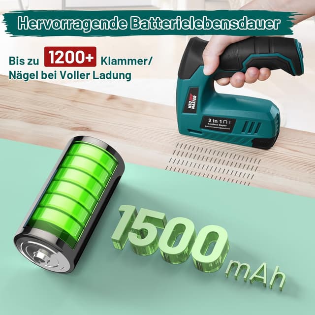 Detalle 2 de NEU MASTER Akku Tacker 2-in-1 4V mit Ladekabel – für Heftklammern & Nägel (1000 + 1000 Teile)
