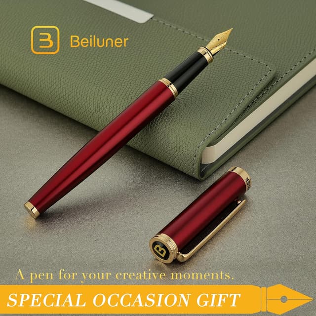 Thumbnail 6 de BEILUNER Luxury Fountain Pen in Red & Gold with 24K Gold Accents and Fine Nib