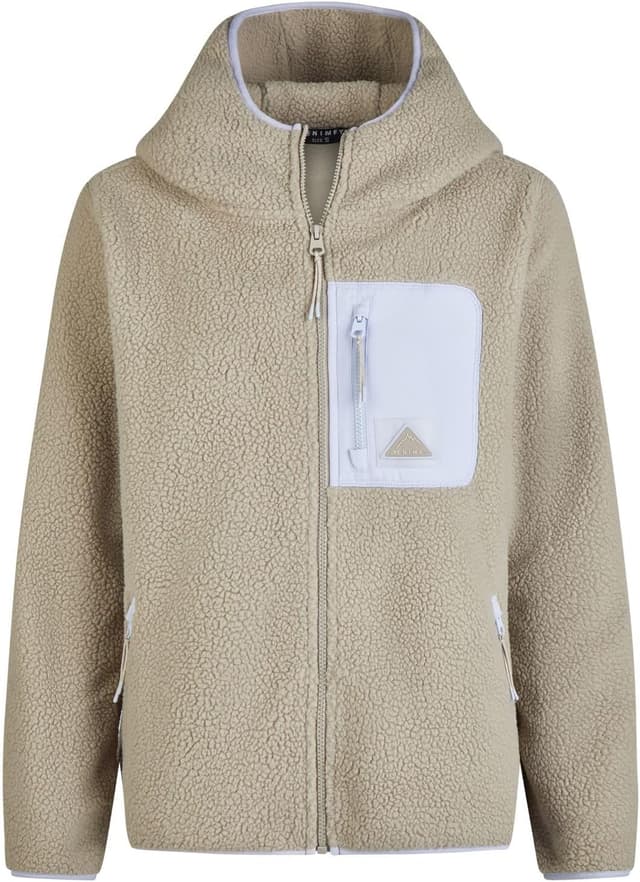 Detalle de DENIMFY Fleecejacke Damen Regular Fit DFLea mit Teddyfleece, Kapuze und hohem Kragen