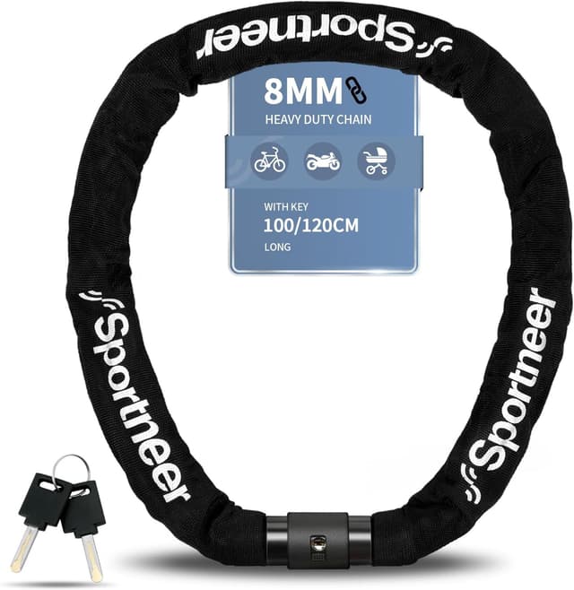 Detalle de Sportneer lucchetto a catena per bici in acciaio temprato con 2 chiavi, 8 mm x 120 cm