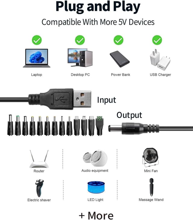 Detalle de TONTON USB-A auf DC Stecker Ladekabel (13-in-1) mit 13 Hohlsteckern, 1,5 m, schwarz