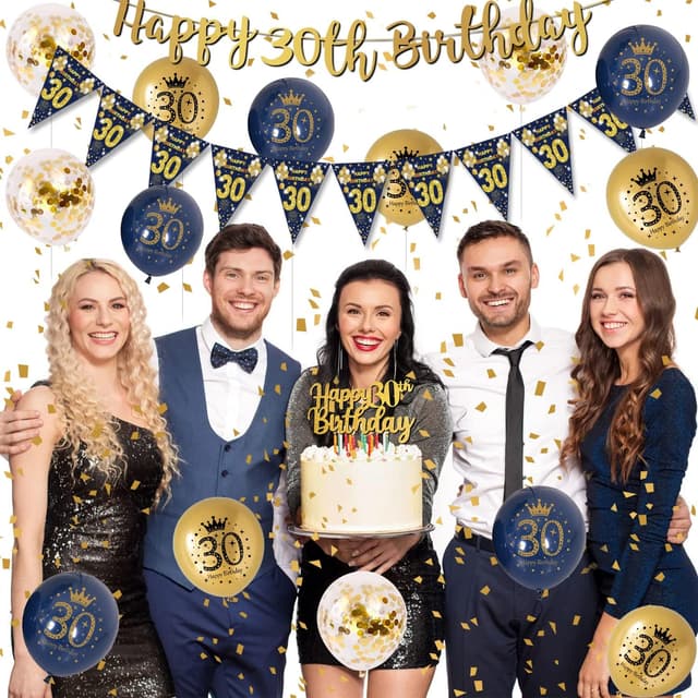 Detalle de VICTERR 30th Birthday Decorations for Men (Blue & Gold) – bunting banner, foil balloons and confetti balloons