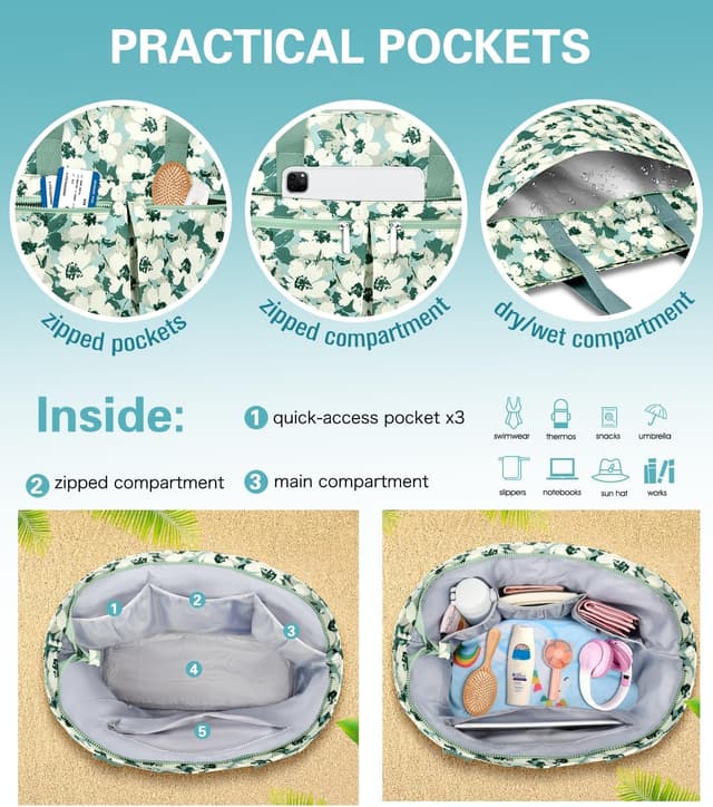 Detalle de ENONEO Strandtasche Damen XXL mit Reißverschluss und Nassfach (52 x 20 x 40 cm)