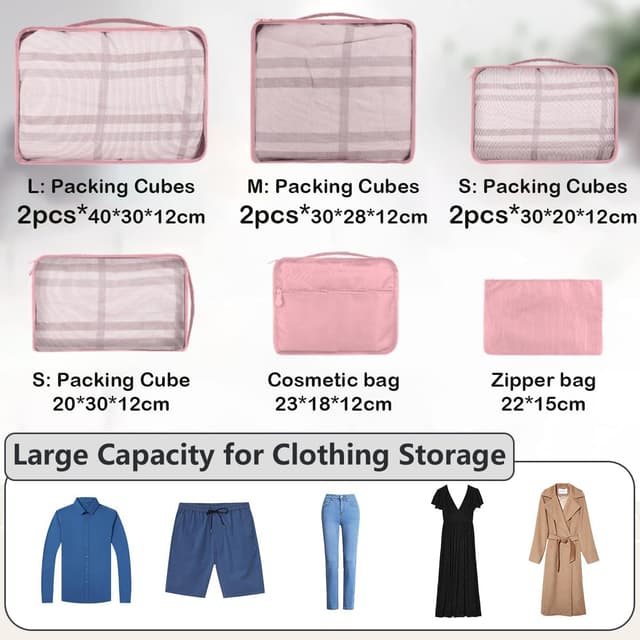 Detalle de Packing Cubes 12-teilig – Large Suitcase Organizer (Koffer Organizer & Packtaschen) in verschiedenen Größen, Farbe Pink
