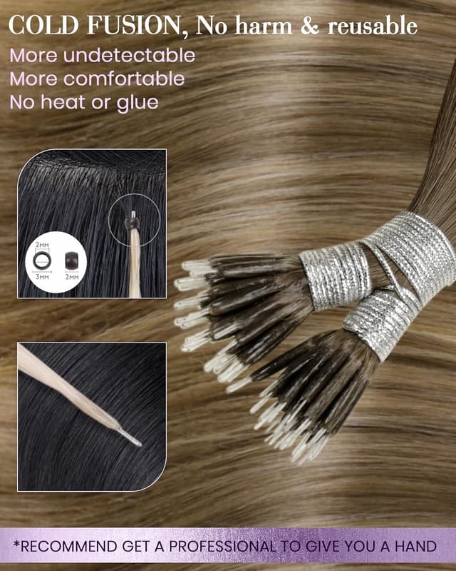 Detalle de LaaVoo Nano-Ring Echthaar Balayage Extensions (50 cm) – #8/16/8, hellbraun/golden blond