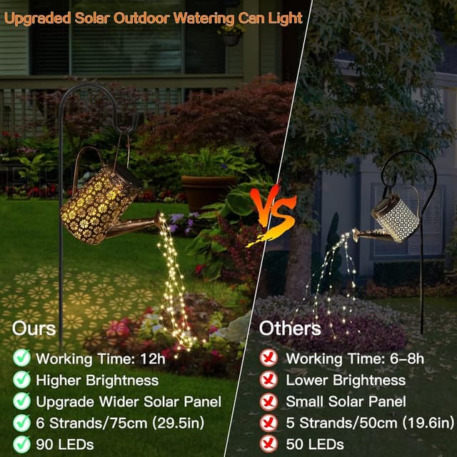 Detalle de MEDE solar watering can fairy lights (90 LEDs) – outdoor metal garden ornament with bracket and shepherd hook