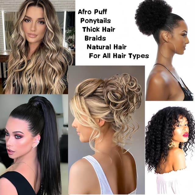 Detalle de 6 Pack Black Adjustable Afro Puff Hair Ties with Satin Elastic Bands (Deep Black)