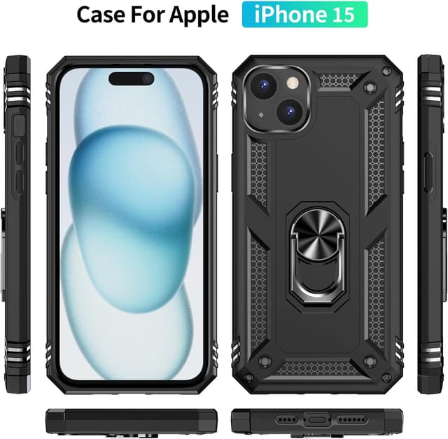 Detalle de Aozuoton iPhone 15 Case (Black) with Screen Protector, 360° Rotatable Kickstand and Shockproof Design