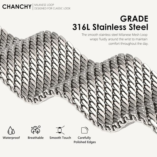 Detalle de CHANCHY Milanese Strap for Samsung Galaxy Watch 8 (40mm/44mm) & Watch 8 Classic 46mm (2025) — 316L mesh with magnetic clasp