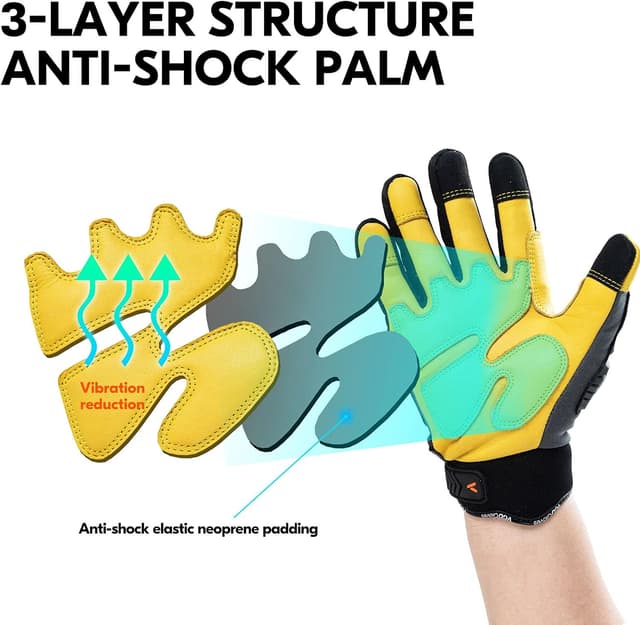 Detalle de Vgo Work Gloves for Men with Touchscreen Palm in Cowhide Leather (Heavy Duty, Anti-Impact) – 1 Pair (L)