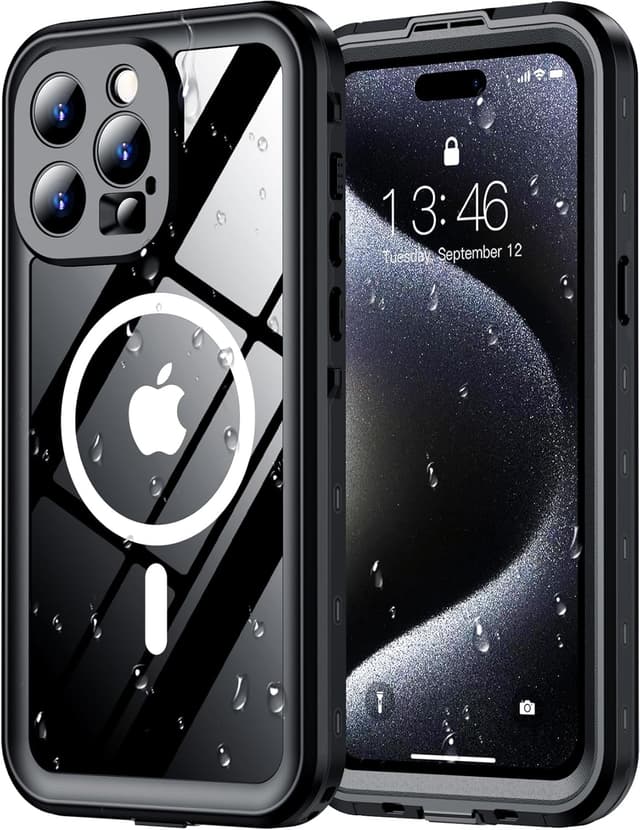 Detalle de Red2Fire Waterproof iPhone 15 Pro Case (6.1") with Built-in Screen & Camera Protection, MagSafe-Compatible (IP68) — Black/Clear