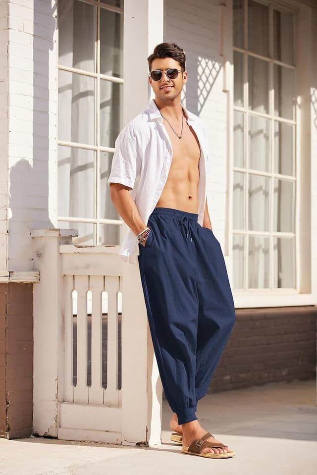 Detalle de COOFANDY Men’s Hippie Harem Pants in Linen-Cotton Blend for Yoga, Beach & Casual Wear