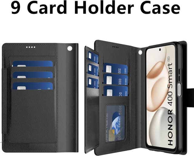 Detalle de Pollachi Fondina Cover per Honor 400 Smart: custodia protettiva in pelle PU pieghevole con portafoglio da 9 carte e supporto ad anello