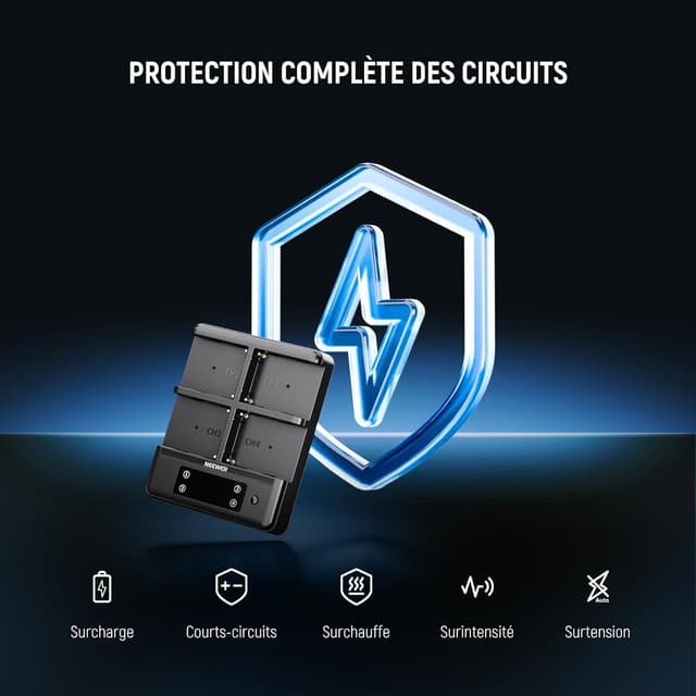 Detalle de NEEWER NP-F970 Chargeur 4 canaux avec consolidation d’alimentation intelligente et écran OLED