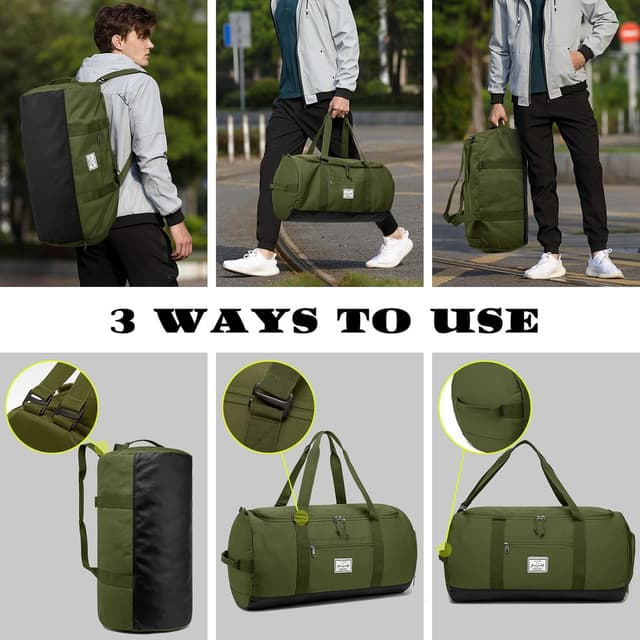 Detalle de Lyweem 60L Travel Duffel Bag (Green) with Shoe Compartment and Backpack Handles