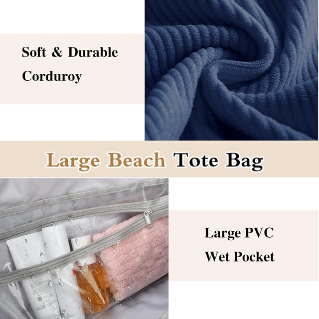 Detalle de JUYANO Cord Handtasche XXL – XXL-Strandtasche mit Reißverschluss, Nassfach und 12 Fächern