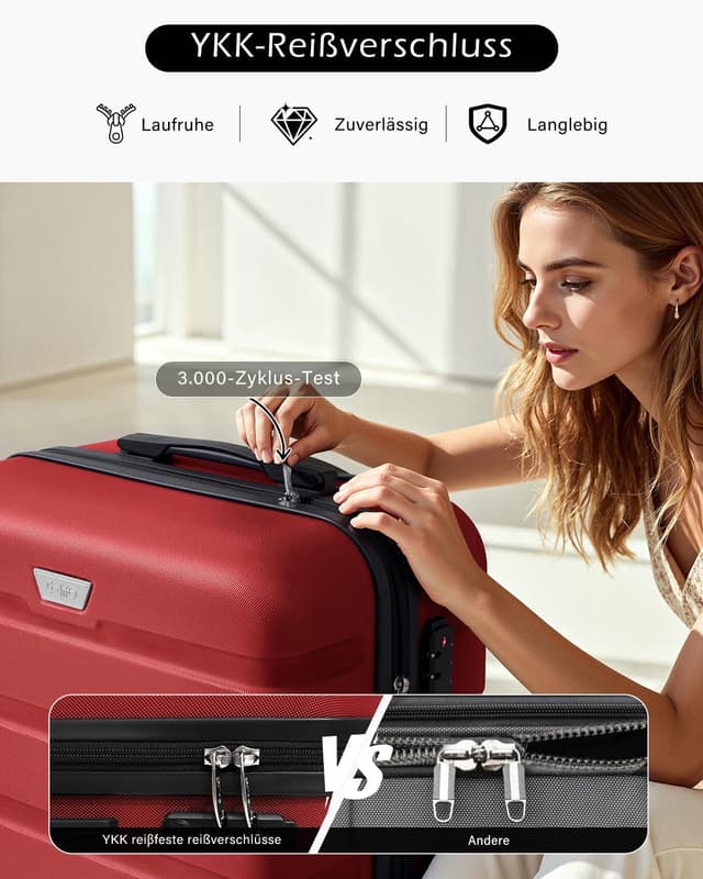 Detalle de COOLIFE 3-teiliges Kofferset für Familienreisen (ABS+PC, Hartschale) mit 360° Spinner & TSA-Zahlenschloss – M + L + XL, Rot