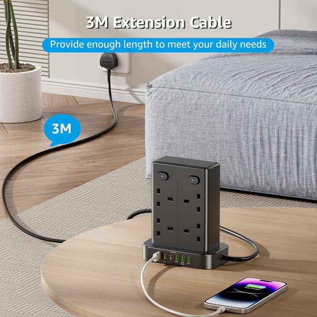 Thumbnail 6 de 3M Tower Extension lead with USB C slots: 8 AC outlets and 6 smart USB ports, 3m tower plug socket