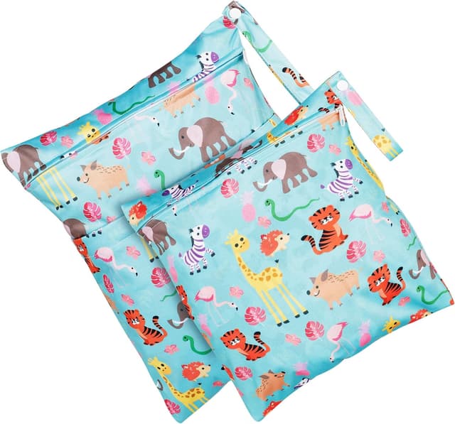 Detalle de Loscarol Wetbag Kindergarten (2 Stück) – Nassbeutel & Windeltasche groß/klein mit Doppelreißverschluss (Zoo)