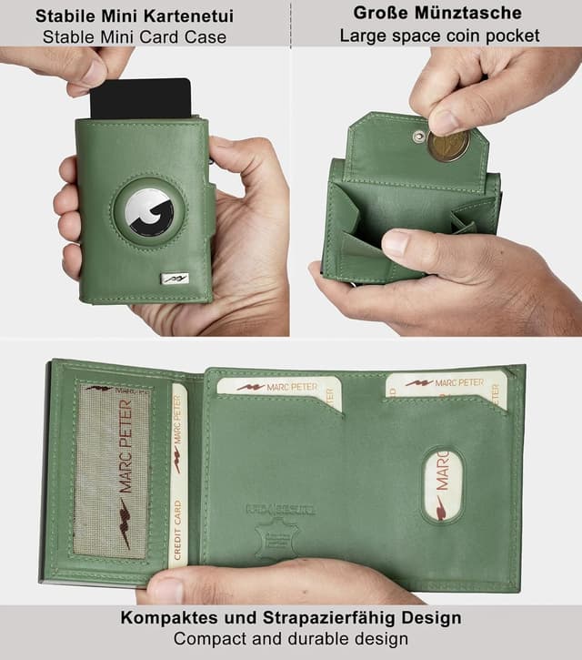 Detalle de Marc Peter Chicago Leder Push Air Slim Wallet – Airtag-Geldbörse mit Münzfach und RFID-Schutz