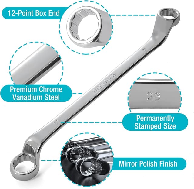 Detalle 2 de DURATECH set di chiavi a doppio anello sfalsate 9 pezzi metriche 6–23 mm (75°) in acciaio cromo-vanadio con custodia per rotolo