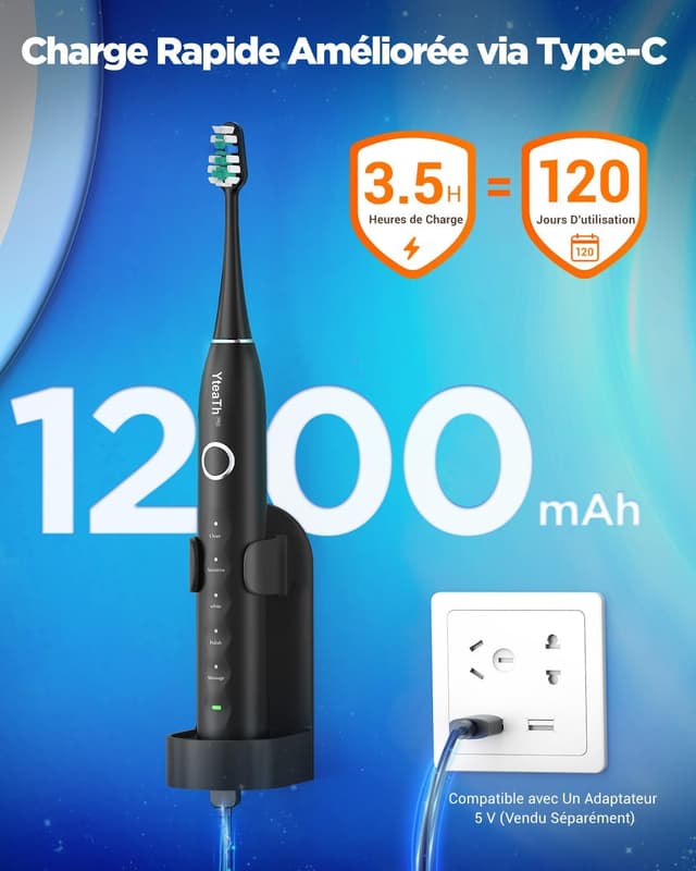 Thumbnail 4 de Brosse à dents électrique sonique adulte 8 têtes, 5 modes 🪥