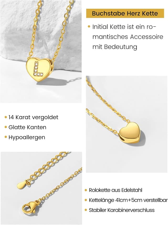 Detalle de GoldChic Herzkette Damen Kette mit Buchstaben-Anhänger, Kupfer/14K vergoldet, 41 cm + 5 cm