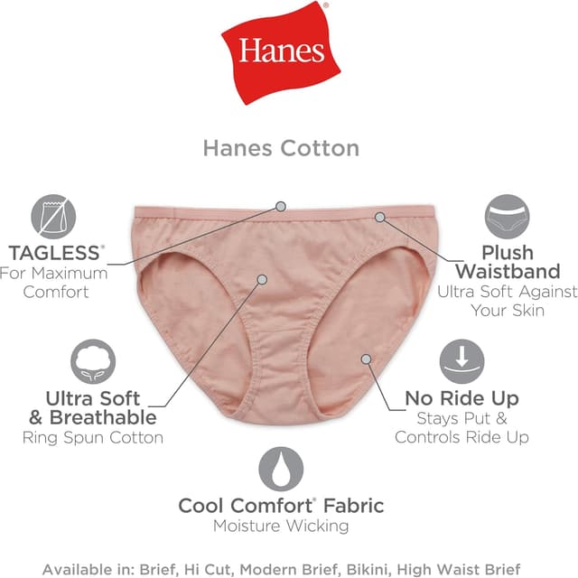 Detalle de Hanes Women’s Underwear Pack (10-Pack) — Full-Coverage Cotton-Blend Moisture-Wicking Panties