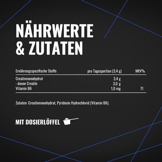 Detalle de Creatine Monohydrate 1,25 kg (Ultra Pure) avec Vitamine B6 – 367 portions – Vegan, fabriquée en Allemagne