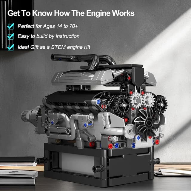 Detalle de Mould King 10205 Technik V12 – moteur en blocs de construction (733 pièces) avec boîtier batterie 9V