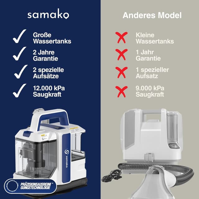 Detalle de Samako Teppichreiniger & Polsterreiniger – kompaktes Handgerät mit 400W Motor und 2 Wassertanks