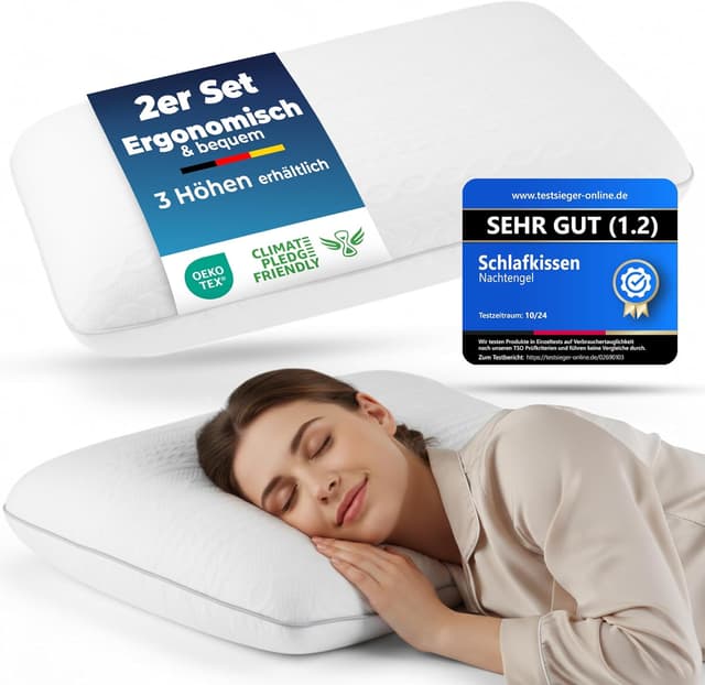 Detalle de Nachtengel ergonomisches Kopfkissen 40x60 aus Memory Foam mit Nackenstütze (12 cm) – 2er Set