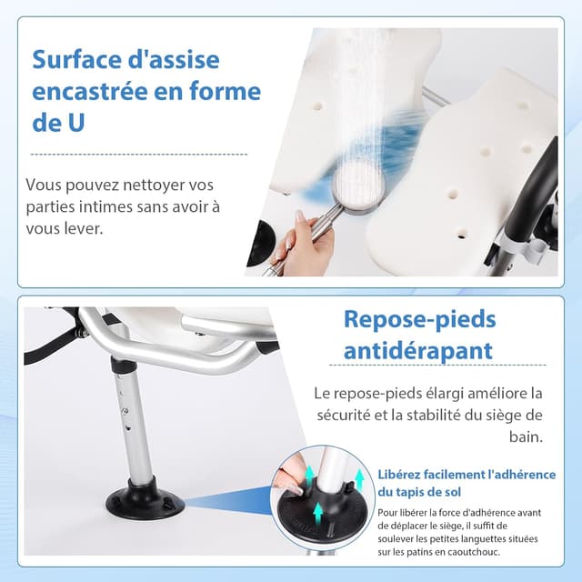 Detalle de DEWEL Chaise de douche pliable avec dossier et accoudoir, hauteur réglable (jusqu’à 150 kg), gris