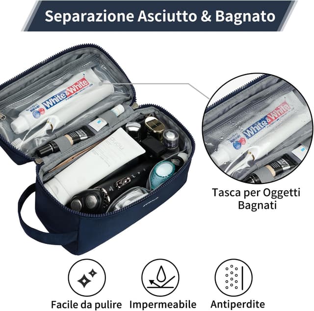 Detalle de ECOHUB beauty case da viaggio con separazione asciutto-bagnato e apertura a 180°