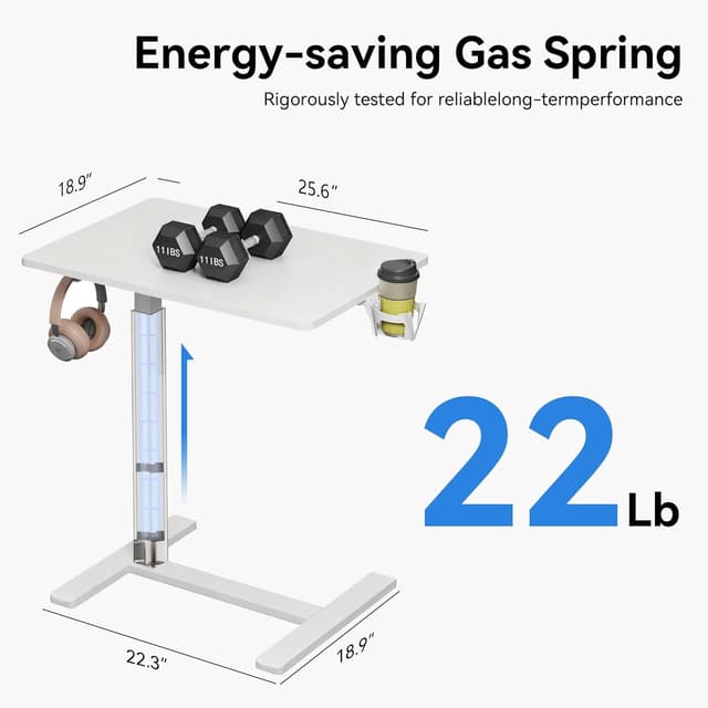 Detalle 2 de Gamork Mobile Standing Desk Pneumatic Adjustable Height Stand Up Desk (26.1–40.1 in) – White, 48 × 65 cm